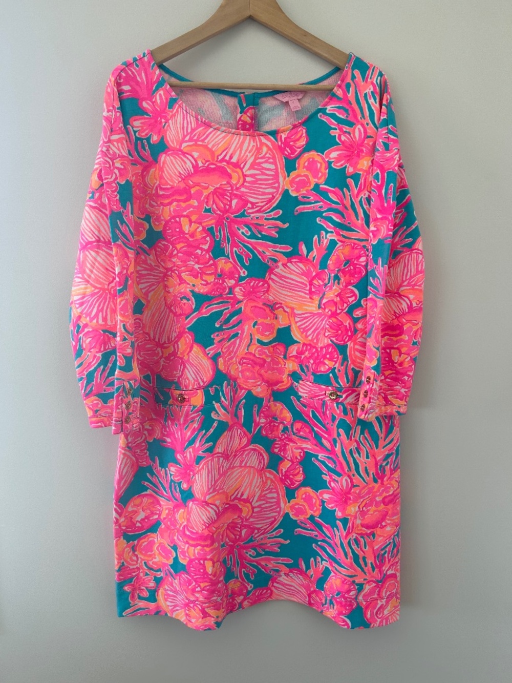 Lilly Pulitzer Teal Dress with Pink & Neon Coral Floral Print